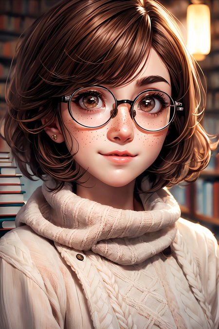closeup, face, portrait, upper body, 
freckles, 
shy, blush, 
(short brown hair:1.1), 
(library:1.1), 
(round glasses:1.2), 
(brown eyes:1.4), 
cozy, detailed eyes, winter sweater, 
<lora:more_details:0.35>
 <lora:Cosmic anime-oil fusion v2:0.35> 
<lora:AnimeVibesV3:0.5> animevibes, 
<lora:3DMM_V11:0.6> 3DMM 
<lora:midjourney_20230624181825:0.4> midjourney, shiny, shiny hair, shiny skin, shiny clothes
