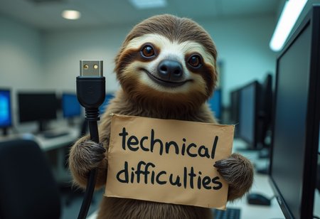 8k raw, soft lighting, photorealism, DSLR photo, cinematic, high details, an award winning photo of a happy and very cheeky sloth holding an electrical plug in a computer lab and holding a hand written sign saying "technical difficulties" is on the wall