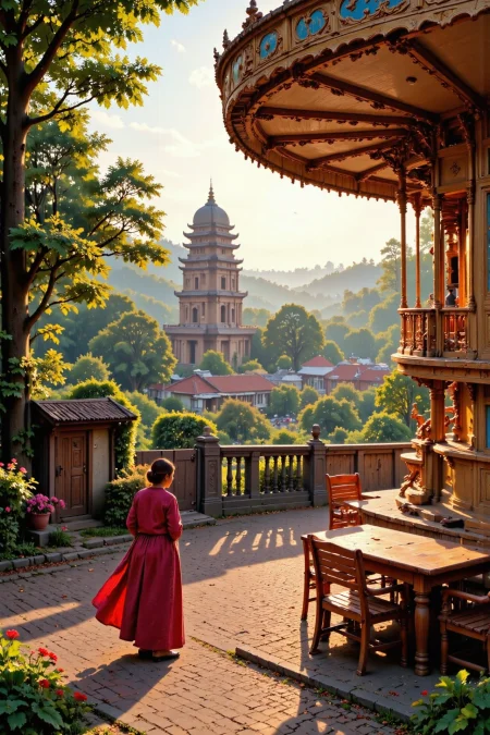 (carousel:1.3),  beautiful (Cambodian) fantasy landscape,  early morning, woman, very intricate, very detailed, sharp, colorful, <lora:Hand v2:1> <lora:Anti-Blur:1> <lora:Insane Detail Slider:0.5>  <lora:Flux.1_Turbo_Detailer:0.6>  <lora:flux photo transparent beta:0.8> <lora:flux.1_lora_flyway_Epic-detail_v2:0.6> <lora:Painterly01b_CE_FLUX_AIT:0.8> pntrlyCE_style, <lora:FluxMythP0rtr4itStyle:0.8> mythp0rt