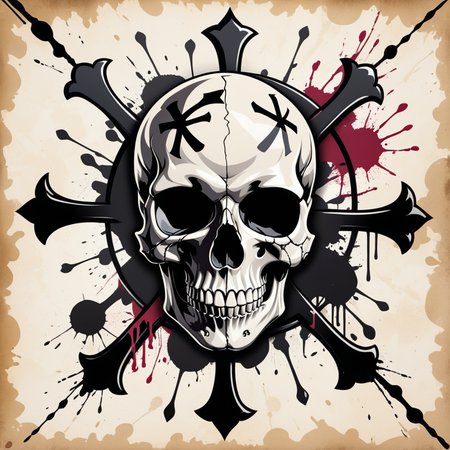 breathtaking a skull with two crossed bones in the background, in the style of inkblots, circular shapes, marvel comics, rtx on, stencil-based, symbolic nabis, violent  . award-winning, professional, highly detailed