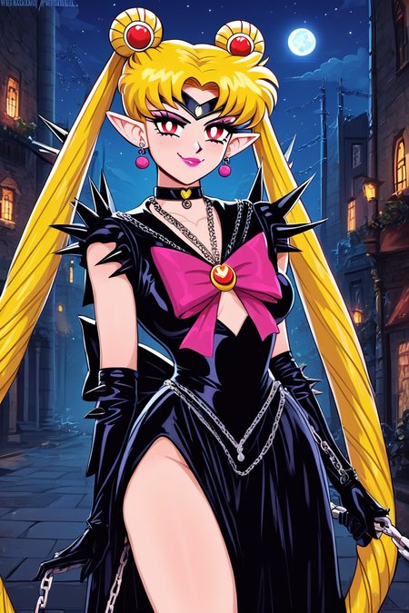 score_9, score_8_up, score_8, medium breasts, (curvy), cute, eyelashes,   smug,     BREAK, ,  ,,, <lora:CruelMoon_PDXL:0.8>, zzCruelMoon, long hair, twintails, tsukino usagi, blonde hair, jewelry, hair bun, double bun, sailor moon, very long hair, choker, chain, spikes, gothic, parted bangs, red eyes,  earrings, dress, makeup, holding, necklace, lipstick, black dress, pointy ears, night, ,,, , BREAK, <lora:Afrobull_PDXL_v4:0.8>,  ,,, BREAK, smile, looking at viewer, closed mouth, cowboy shot,  ,,, embedding:zPDXL, Expressiveh, ,,, <lora:SDXLFaeTastic2400:0.5>, <lora:Expressive_H-000001:0.4>,