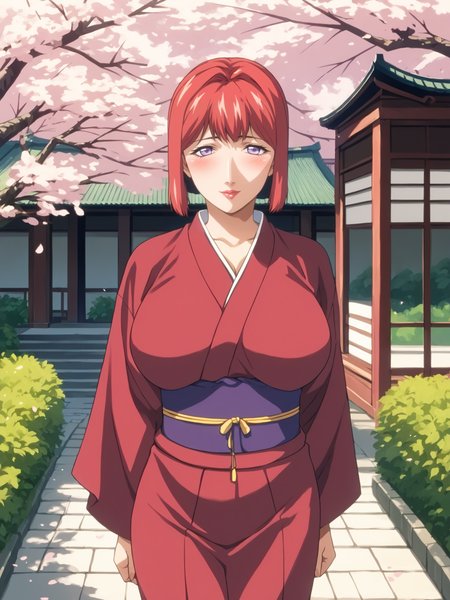 score_9,  score_8_up, score_7_up, score_6_up, score_5_up, score_4_up, source_anime, shadow,
TakashiroShin, a girl is standing, 
looking at viewer, confident, light smile, blush,
1girl, mature female, solo,
short hair, red hair, purple eyes, lipstick, lips,
red kimono, sash,
huge breasts,
outdoors, east asian architecture, temple, cherry blossoms,
<lora:TakashiroShin3216PDXL:1>
