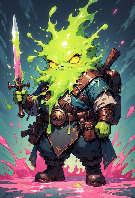 A cute, chubby slime warrior character with a semi-transparent, glossy green gelatinous body, glowing yellow eyes, and a slightly dripping texture. The slime wears a rugged, dark adventurer outfit partially covered by the slime mass, with visible leather boots and a belt with small pouches. The character wields a short, shiny dagger with slime dripping from it, and carries a large, worn backpack. The ground beneath is splattered with pink slime, creating a playful yet mysterious vibe. The style is colorful, cartoonish, and vibrant with smooth shading and clean outlines, suitable for a fantasy RPG game character design