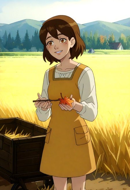 A charming rural illustration showcasing a bright and lively countryside scene. . To the left  stands a young girl, depicted with medium-length, wavy brown hair, wearing a simple orange dress. She holds a stick with a red leaf attached, interacting playfully with the grass. Her facial expression is cheerful, reflecting a sense of joy and connection with the animals.
The background is characterized by rolling fields of golden rice paddies on the right and neatly stacked straw bundles on the left, signifying the harvest season. A wooden cart laden with hay is positioned slightly off-center on the dirt path, adding to the rustic atmosphere. Beyond, a small cluster of white farmhouses sits at the base of forested hills, with green and autumnal trees blending harmoniously.