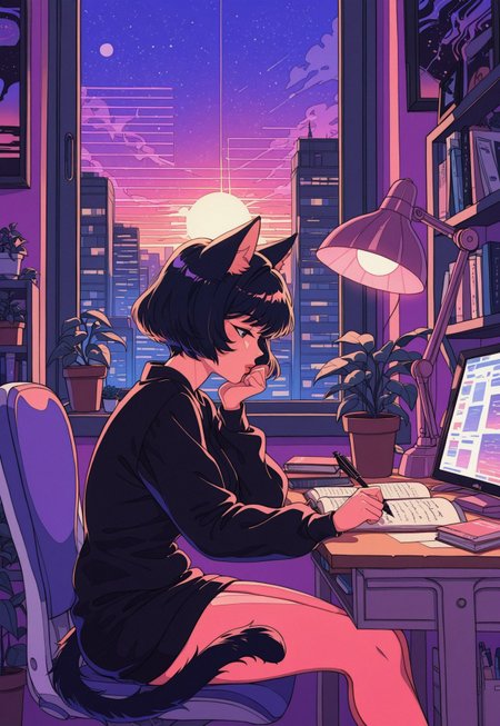 score_9, score_8_up, score_7_up, masterpiece, best quality, very aesthetic, 1girl, partial illumination, vibrant colors, DS-Illu, stylized, illustration,  (synthwave, retro:1.1), (zzLofi, sitting, side view, desk, chair, book, bookshelf, head rest, holding, holding pen, lamp, night, open book, pen, plant, potted plant, sky, (sky), window, windowsill, writing,) short hair, mature, lips, (catgirl:1.1), cat tail, city skyline, sunset, striped sun