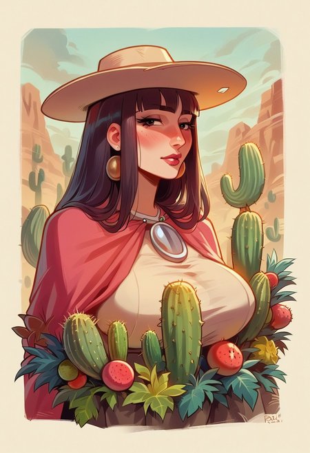 score_9, score_8_up, score_7_up, score_6_up,   (Prickly Pear Style woman made of cactus,  90s, multiple hair colors, long hair, large breasts, Prickly Pear Style robot made of cactus:1.3),     prehistoric, Prickly Pear Style desert,  Blushing,  love cactus,