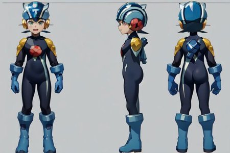 (masterpiece, official art, simple background), best quality, 1boy, solo, chara-sheet, megaman, (blue footwear, boots), (blue headwear, helmet), (indigo bodysuit:1.5), covered collarbone, yellow pauldron, full body, blue gloves, green eyes, looking at viewer, male focus, open mouth, smile, solo, standing, muscular, large pectorals, thick thighs