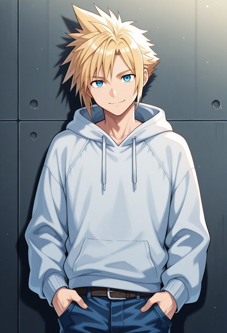 masterpiece,best quality,amazing quality, source_anime,
SoutouKumo, 1boy, male focus, solo, blue eyes, blonde hair, spiked hair, hoodie, hood,  denim, toned male, smile, looking at viewer,