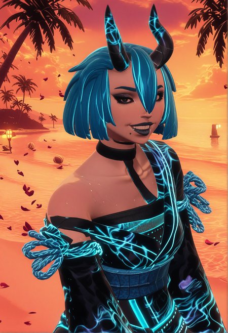GLSHS,delicate colors,partially illuminated, (masterpiece, absurdres, very awa:1.4), golden hour, orange theme, sunset, beach, rocks, beach ball, sand, palm tree, smug, looking at viewer, female focus, (portrait:1.3), fortniterimeflownightrosedefault, 1girl, short hair, bob cut, bangs, blunt bangs, blue hair, aqua hair, white hair, hair over one eye, hair between eyes, black eyes, black sclera, blue lips, black lips, makeup, eyeshadow, open mouth, smile, mole, moles, moles under mouth, mole under mouth, two moles under mouth, bare shoulders, off shoulder, choker, black choker, single horn, horns, black horns, gloves, black gloves, jacket, dress, kimono, floral print, japanese clothes, sash, patterned, see-through, belt, long sleeves, wide sleeves, thighhighs, boots, blue footwear, high heels, breasts,  water, wet skin, towel draped around body, cleavage, steam, gentle ripples in water, warm lantern glow, flower petals floating on water, <lora:GLSHS-IL:1.3>,  <lora:Fortnite_The_Night_Rose_All_Outfits_ILXL:1.1>, <lora:dmd2_sdxl_4step_lora:1>