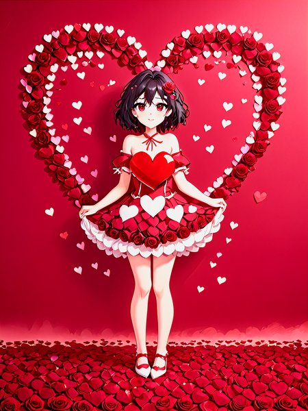 yamer_passione, red background, petals, heart, still life, heart background, full body, rose, flower, beautiful photo of a 22 years old italian girl, (cartoon style, anime style), <lora:Passione:1>