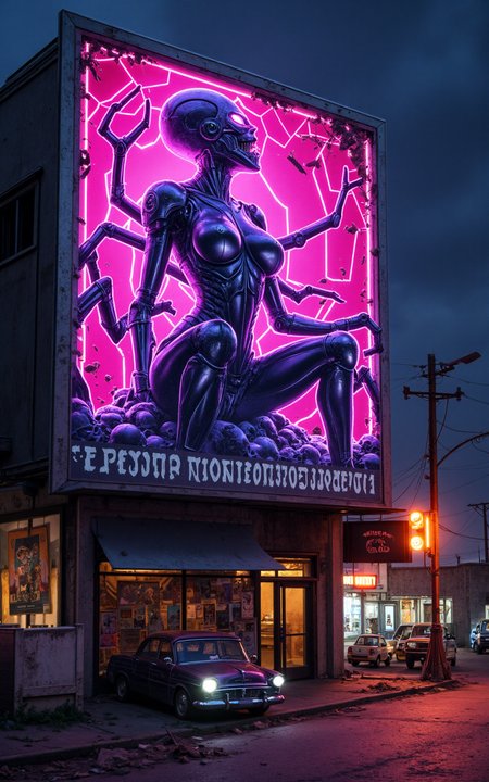 A towering neon mural along the ruins of a club district: an armored femme fatale with spiderlike limbs made of mechanical blade-arms crawls out of a cracked billboard, eyes glowing violet. Her chestplate gleams like a venom sac, her boots crush propaganda posters. Tongue out, licking neon blood off her fingertips. Electric webs stretch behind her, full of caught skulls. Tagline: “THE SYSTEM WON’T SURVIVE HER BITE.”






fmlas-mk.1 