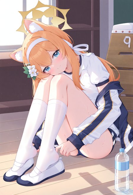 mari \(blue archive\), mari \(track\) \(blue archive\), 1girl, yellow halo, animal ears, halo, socks, white socks, solo, blue eyes, bottle, gym uniform, hair flower, water bottle, official alternate costume, hair ornament, jacket, animal ear fluff, long hair, flower, orange hair, shoes, shirt, kneehighs, indoors, looking at viewer, sitting, white shirt, short sleeves, white hairband, closed mouth, smile, buruma, hairband, gym shirt, track jacket, knees up, blush, hair between eyes, white flower, long sleeves, uwabaki, legs, white headband, ribbon, multicolored clothes, two-tone jacket, open jacket, open clothes, full body, white footwear, hair ribbon, sweat, blue buruma, multicolored jacket, wooden floor, thighs, shoe dangle, headband, ponytail, off shoulder,
masterpiece,best quality,newest,absurdres,highres,very awa,<lora:akovo1_noob1.1-000196:0.8>,