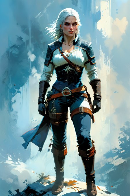 Ciri, scar, by Jason Chan, fullbody, neutral background of stylised panels, bluish fog, dynamic pose  <lora:xl_more_art-full_v1:1> <lora:John Berkey Style:1> John Berkey Style page,, (masterpiece:1.2), best quality