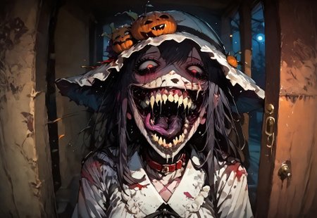 safe_pos, score_9, score_up_8, masterpiece, best quality, explicit, 
hasshaku-sama, mature woman, large woman, tall woman, sagging breast, enormous breast, long hair, black hair, horror (theme), collar bone, bony body, skinny, anorexic, fall season, trees, red yellow and orange leaves, falling leaves, night,  Expressiveh,  
 teeth, tongue, open mouth, horror, blood, (((stiches, scars))), black tongue, very long tongue, black tears, full body, tr1ck0rtr3at, holding, halloween bucket, doorway, street background, white bloodstained dress, white sunhat, covered breasts