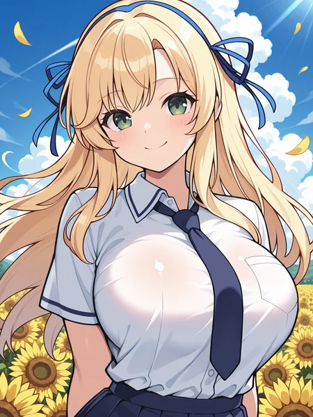 masterpiece, best quality, amazing quality, artist:[limberbreak], by limberbreak, thick outlines, bold outlines, heavy line art, graphic black lines, strong contours, black outlines
(solo:1.4), Katsuragi_IL, green eyes, long blonde hair, blue hair ribbon, double hair ribbon, large breasts, Katsuragi_School, school uniform, blue necktie, white buttoned shirt, pleated skirt
upper body, blue sky, closed mouth, cloud, cumulonimbus cloud, field, flower, flower field, looking at viewer, outdoors, petals, sky, summer, sunflower, sunflower field, sunflower petals, wind lights on, smile, day
<lora:SK_Katsuragi_IL:0.8>