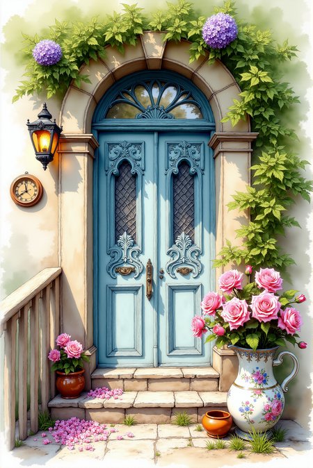 <lora:Vibrant_watercolor_v.21:0.80> A watercolor illustration featuring Watercolorsketch style.    DGLO style. A charming cottage entrance emerges in delicate watercolor strokes, exuding a sense of warmth and nostalgia. A weathered wooden door, painted in a soft, faded blue, features intricate glass panes reflecting dappled light, framed by creeping vines adorned with tiny purple blossoms. An antique lantern, its warm glow flickering, hangs beside the doorway, casting gentle illumination over the rustic façade. A large, ornately decorated ceramic pitcher overflows with lush pink roses, their petals scattered on the stone steps, adding a romantic touch to the serene setting. The scene is framed by aged wooden railings and potted greenery, with soft, atmospheric washes of color blending into the background, evoking the timeless charm of a secluded countryside retreat.