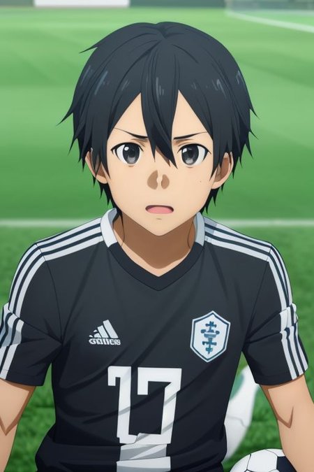 high resolution, solo, best quality, 1Boy, Kazuto Kirigaya, portraits, Black Hair, Black Eyes, soccer player, field, portrait, sport photography, celebration, OverallDetail