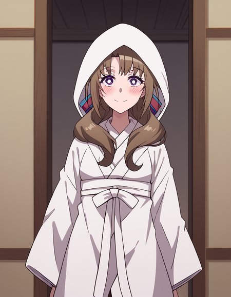 score_9, score_8_up, score_7_up, source_anime, mamakooosuki, <lora:mamako-oosuki-s1-ponyxl-lora-nochekaiser:1>, mamako oosuki, long hair, brown hair, purple eyes, hair ribbon, braid, bright pupils, french braid, white pupils,, <lora:uchikake-ponyxl-lora-nochekaiser:1>, uchikake, wataboushi, shiromuku, white kimono, hooded kimono, bride, japanese clothes, hood,, indoors, wedding, smile, blush,, cowboy shot, dutch angle, looking at viewer,