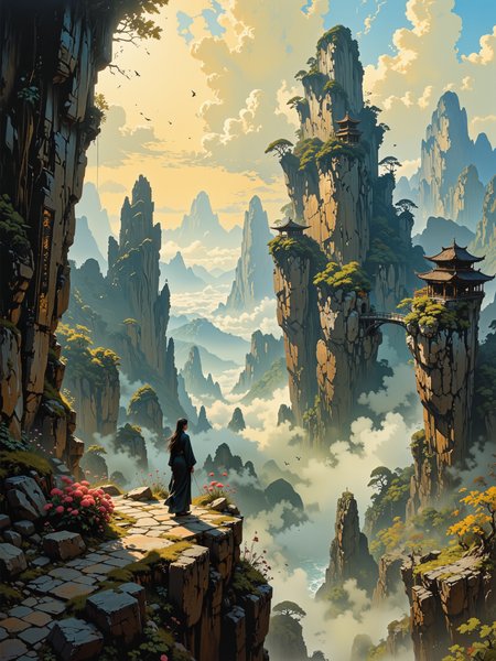 famous artwork, masterful use of light and shadow, masterful composition following the rule of thirds, chiaroscuro, dappled sunlight, at dawn, romanticism oil painting of the floating peaks of zhangjiajie in the style of caspar david friedrich, towering sandstone pillars rising through a sea of mist, their sheer cliffs overgrown with lush green vegetation with small accents of colorful wildflowers, the scene is bathed in a golden morning light, soft rays piercing through the ethereal mist, casting long shadows and highlighting the rugged texture of the stone, delicate wisps of cloud wrap around the formations, further emphasizing their towering grandeur, the atmosphere is serene yet awe-inspiring, evoking a sense of the sublime, a narrow, winding mountain path leads toward a detailed wooden bridge that connects two towering peaks, an ancient and awe-inspiring temple built in traditional chinese style sits atop a pillar in the middle ground, its curved roof and ornate details blending harmoniously with the natural landscape, in the foreground a lone woman in traditional chinese robes stands at the edge of a precipice, gazing into the vast expanse before them, evoking a deep sense of solitude and contemplation, her figure small against the grandeur of nature, the background reveals layers of mist-covered mountains fading into the distance, the farthest peaks dissolving into soft hues of blue and gray, enhancing the sense of vastness and depth, birds with outstretched wings glide through the mist, their silhouettes adding movement and vitality to the composition, the brushwork is masterful, combining delicate detailing in the rocky cliffs and foliage with expressive, sweeping strokes for the clouds and sky, the color palette is rich yet atmospheric, dominated by warm golden hues, cool blues, and deep earthy greens, the interplay of light and shadow is skillfully rendered, enhancing the dramatic, almost dreamlike quality of the painting, painted with oil on canvas using a luminous glaze technique, subtle impasto adding texture to the rocky formations, soft diffused edges in the mist creating an ethereal quality, a tribute to the romantic eraâs celebration of untamed nature and human insignificance in the face of its majesty, capturing the spirit of wanderlust and the sublime, an exquisite and timeless masterpiece, style of rembrandt, <lora:style-cheats-by_schmede:0.52> <lora:style-fantastic_landscapes-flux-by_artifyai:1.0> <lora:style-rembrandt-flux-by_tangbohu:0.32>