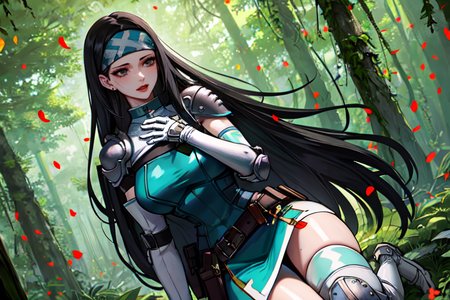 highly insanely detailed, masterpiece, top quality, best quality, highres, 4k, 8k, RAW photo, (very aesthetic, beautiful and aesthetic),  
beth_\(megami_tensei\),bethsmtii,shin megami tensei ii,long hair,black hair,straight hair,sleek black,jewelry,cross,headband,red_lipstick,breastplate,white footwear,armored_pads,armored_gloves,knee_pads,armored boots,belt,belt pouch,holy_knight,holy_knight_armor,katana,sword,Tokyo_Millennium,post-apocalyptic_city,dystopian_world,Valhalla,Entertainment_district,Order_of_Messiah,Religious_order,messianic_cult,divine_rulers, 
<lora:zs_Beth:0.6>, 
(1girl:1.3), 1other, 
large forest,enchanting forest,dense forest,lush forest,tall trees,canopy,overgrown scenery,pure orange background,pure cyan background,(colored confetti background,psychedelic color background,gradient background),âââ
