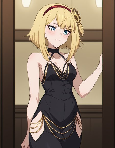 score_9, score_8_up, score_7_up, source_anime, <lora:taktop-destiny-s1-ponyxl-lora-nochekaiser:1>, destiny, short hair, bangs, blue eyes, blonde hair, hairband, medium hair, red hairband, medium breasts,, <lora:madokawa-dress-ponyxl-lora-nochekaiser:1>, modakawa dress, gold chain, tight dress, hip vent, low neckline, criss-cross back-straps, taut dress, evening gown, o-ring dress, black dress, backless dress,, indoors, smile, blush, , dutch angle, cowboy shot