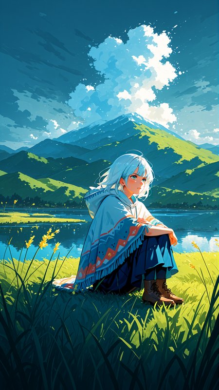 Stormy Sky Palette, (Impressionism:1.8)
1 female, poncho, sitting between tall grass, lake, serious,