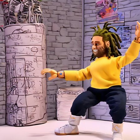 a photo of a cinematic still of rhwrld , dreads in a bumin the style of rbtchkn <lora:riiahworldxl:1> rhwrld <lora:jcoleXL:1> robot chicken, rbtchkn, robot chicken tv show, stop motion