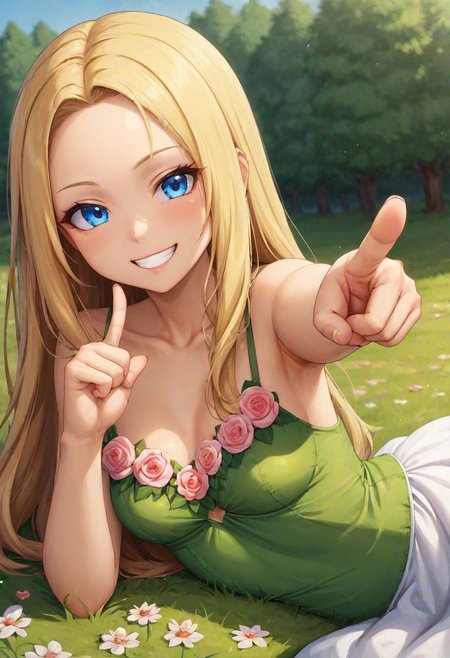 1girl,long hair,blonde hair,forehead, blue eyes , curvy, tiny body, petite girl,  cute, laying, (Pointing Finger At Viewer), grin, flower dress