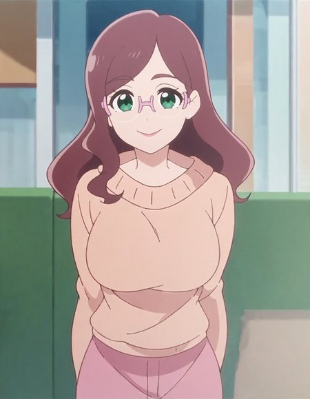 score_9, score_8_up, score_7_up, 1girl, solo, anime screencap,glasses, smile, green eyes, looking at viewer, long hair, brown hair,  pink-framed eyewear, sweater, closed mouth, rimless eyewear,cowboy shot,large breasts,pink skirt, wide hip,<lora:nijigaokamahiru:0.8>