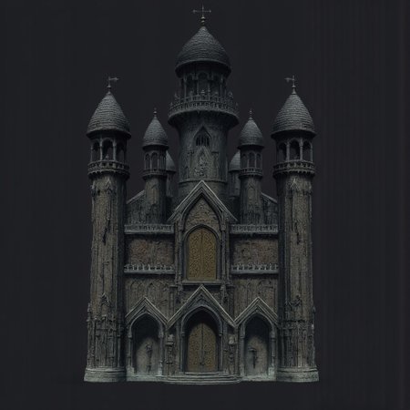 A Medieval castle with elderscrolls inspired aestetics and legend of zelda
Set against a solid dark black color background to emphasize its unsettling unnatural form that emphasizes its silhouette. The medium is not a traditional painting or illustrative medium like watercolor or ink but rather a digital 3D rendering.
MikeFranchinastyle, d4artstyle, d4concept, , bbstyle,, horror theme,, zbrush, ZBClay model of a gray sculpture, 1990's, 1990's style