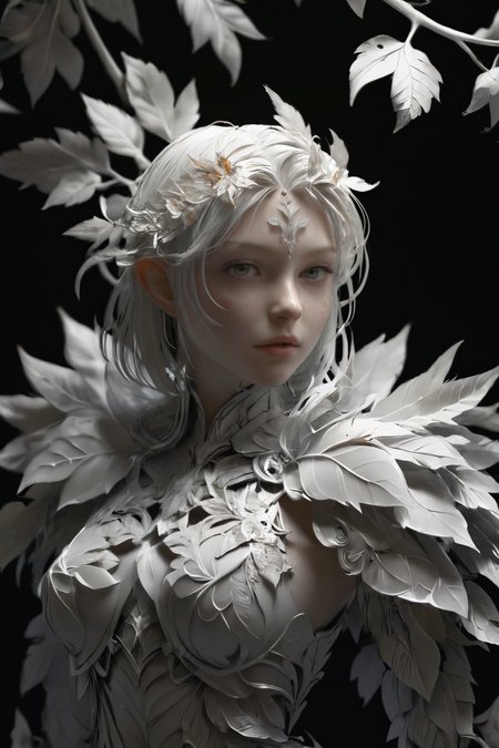 <lora:3DPrintingXL:1>,
masterpiece,(best quality),
official art,extremely detailed cg 8k wallpaper,
((crystalstexture skin)),(extremely delicate and beautiful),highly detailed,
WhiteMold, art style, 3d printed mold, black background, simple background, leaf, solo, armor, no humans, flower, 1girl, upper body