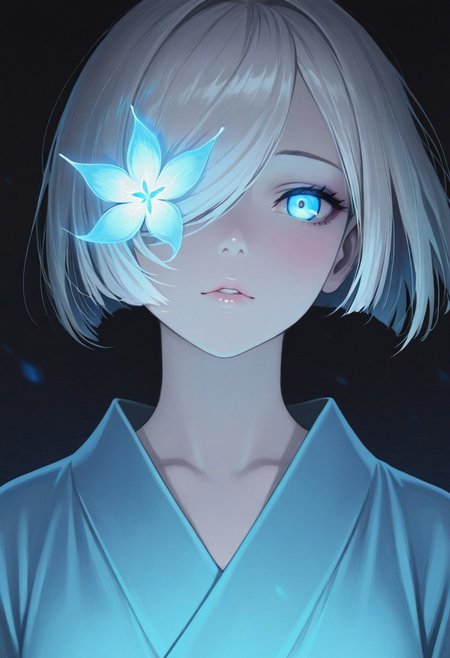 masterpiece,best quality,amazing quality, anime,
1girl, solo, A close-up of a serene anime girl with pale skin, colored skin, (white skin:1.3, long glossy white hair with bangs, long white hair, hair combed over one eye, glowing blue eyes with a hypnotic effect, soft warm lighting, wearing a light blue kimono, mysterious and cozy atmosphere, detailed hair texture, cinematic lighting, dark background, ultra-detailed, 8k resolution