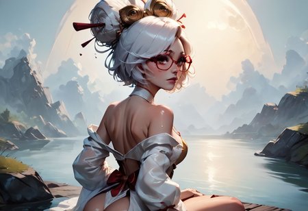 score_9, score_8_up, score_7_up, pinup girl pose, Expressiveh, volumetric lighting, mood lighting, cinematic lighting, dark cinematography, semi-realistic, view from behind, focus on ass, white hair, red-framed eyewear, fully-clothed, hair ornament, purah, sweaty, wet and shiny skin, arched back, hyper-realistic wet skin, kneeling, in lake, action lines
BREAK, very high angle