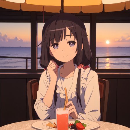 score_9_up, score_9, score_8_up, score_7_up, rating_explicit, ((best quality)), ((masterpiece)), 1girl, serene expression, seaside restaurant, pastel sunset, gentle ocean breeze, ethereal ambiance, soft focus, warm pastel lighting, subtle smile, romantic, dreamy mood, waterfront view Sekai Seifuku asuta jimon
