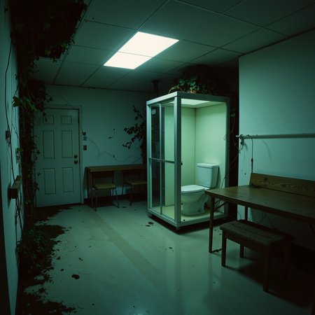 Empty backrooms hallway. Dimly lit, fine photographic detail. In one corner of the room is a completely transparent glass box with a glass door and a toilet inside. Retro-style furniture. Minimalist, liminal space. One side of the room is starting to become overgrown with plants, vines, and moss.<lora:Backrooms.safetensors:0.46:1.0>