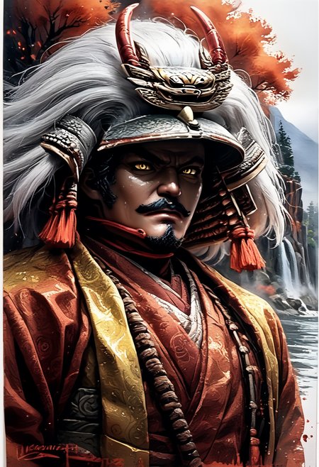 score_9,score_8_up,score_7_up,
Male illustration,50 years old,mature man,ambitious,beast-like sharp gaze,chubby but muscular,Japanese samurai,16th century,dramatic lighting,high contrast,decorative,atmospheric,haunting beauty,texture,(dynamic angle),round face,black,gray,red,yellow,
bust up,l,splash art,highly detailed illustration,trending on Artstation,paint splashes,perfect composition,watercolor,sharp focus,intricate details,highly detailed,
White background,mustache(1.3),windy,dynamic pose,dynamic angle,real,realstic,
Watercolor,<lora:BDpony_TakedaShingen_V1:0.9>,Takeda Shingen,As swift as the wind,as quiet as a forest,as encroaching as fire,as unmoving as a mountain,
<lora:Midjourney_5:0.6>,<lora:WaterColorV3:0.8>,