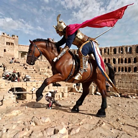 "Elven warrior riding a mech-steed through a battlefield filled with starships and ancient ruins"
A striking contrast between traditional elven magic and advanced technology, with a warrior mounted on a mechanical horse, fighting amidst the chaos of war.