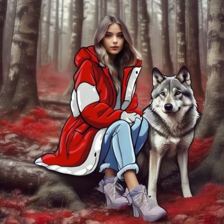 cartophoto beautiful girl in a red coat and a wolf in the forest, very detailed <lora:cartophoto:1>
