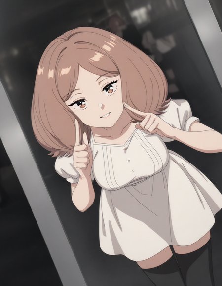 masterpiece, best quality, newest, absurdres, highres, safe,, <lora:mage-edel-s1-illustriousxl-lora-nochekaiser:1>, edel, brown hair, brown eyes, medium hair, medium breasts, anime screencap, thighhighs, dress, black thighhighs, white dress, short sleeves, puffy sleeves, puffy short sleeves, phone booth, glass, phone, street, retro, smile, finger to cheek, index finger raised, pointing at self, bedroom, parted lips, leaning forward, bent over, cowboy shot, dutch angle, looking at viewer, solo,, cowboy shot, solo