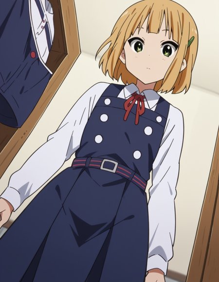 score_9, score_8_up, score_7_up, source_anime, <lora:midori-tokiwa-s1-ponyxl-lora-nochekaiser:1>, midori tokiwa, short hair, blonde hair, hair ornament, green eyes, hairclip,, school uniform, pinafore dress, ribbon, red ribbon, long sleeves, blue dress, buttons, long skirt,, messy room, clutter, clothes on floor, disorganization, laundry, , from below, looking at viewer, solo,, dutch angle, cowboy shot