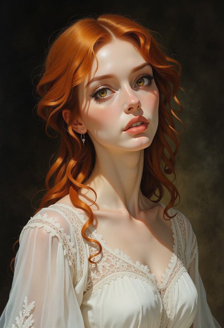 masterpiece iconic portrait of pretty mature woman with fair porcelain skin and red hair  and big brown eyes, dressed white knit lace dress, <lora:MysticXXX-V6:0.6>, <lora:test:0.8>, baroque, chiaroscuro, realistic, emotional, flat lighting, Rembrandt style <lora:Dark_Ghibli:0.8>