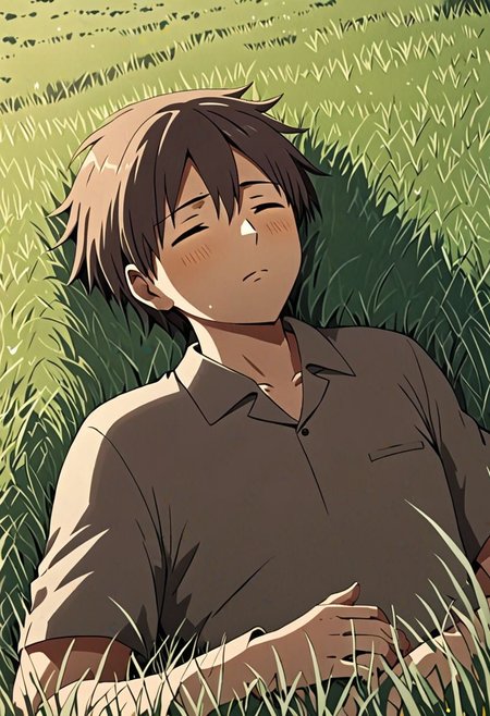 high resolution, solo, best quality, 1Boy, Takaki Toono, Brownish Hair, Brown Eyes, sleep, nap, grass, meadow hills, wind breeze, OverallDetail