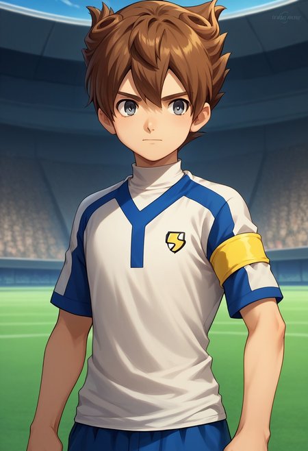 score_9, score_8_up, score_7_up, source_anime, highly detailed, 
tenma, 1boy, male focus, solo, brown hair, grey eyes, sportwear, soccer uniform, turtle neck, galaxy soccer uniform, armband, yellow armband,
outdoor,