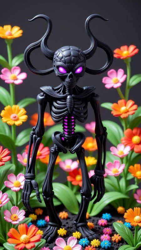 <lora:flux-licoricestyle.safetensors:1> made out of  Licorice
A fantastical, skeletal creature stands amidst a vibrant, stylized floral landscape. The creature's dark, rocky textures and glowing purple veins create an unsettling yet enchanting presence. The flowers surrounding it are exaggerated and vividly colored, while soft illumination highlights the textures of both the creature and flora. The digital artwork blends fantasy with horror elements, retaining an enchanting quality due to its detailed and vibrant depiction.