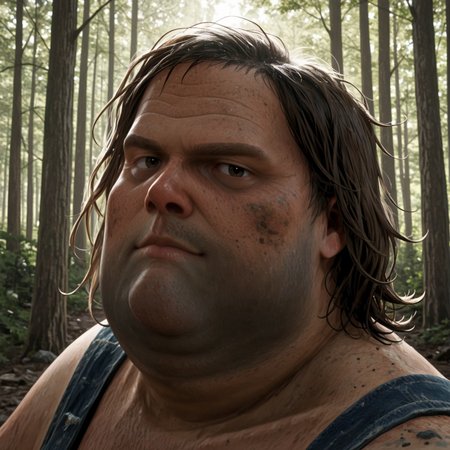 looking at viewer, leg hair, stubble, 1boy, portrait, short hair, solo, denim, fat man, brown hair, dirty, Bray Aberdeen, 1boy, messy brown hair, forest, campsite, 1900s, old us western, masterpiece, best quality, absurdres, newest, perfect quality, detailed background, intricate details, great lighting, ugly, dirty, 