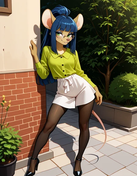 masterpiece, best quality, very aesthetic, absurdres,
outdoors,casual, 
full body, standing, posing, 
seductive smile, parted lips, long eyelashes,
<lora:Dewey_Teagarden_v01_NAIXL:1>
D3w3y,1girl,solo,furry,furry female,mouse girl,mouse ears,long hair,blue hair,high ponytail,sidelocks,blunt bangs,green eyes,semi-rimless eyewear,snout,animal nose,body fur,yellow fur,mouse tail,