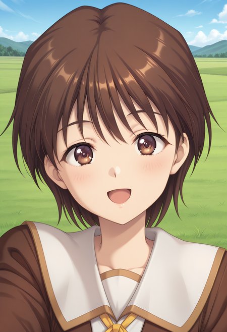 kuon_shiori, brown eyes, brown hair, short hair, school uniform, white sailor collar, brown jacket, long sleeves,  <lora:kuon_shiori_illustrious_ver1:0.8> 
smile, open mouth,, 1girl, solo, blue sky, (grasslands:1.2), looking at viewer,, masterpiece, best quality, general,, (upper body:1.2), (close-up:1.2), (facing viewer:1.2), (open eyes:1.4), (portrait:1.2)