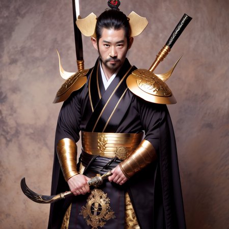 photo, man dressed in black and gold holding a sword (FantasyDaimyo style:1)  <lora:djzFantasyDaimyoV21:0.8>
