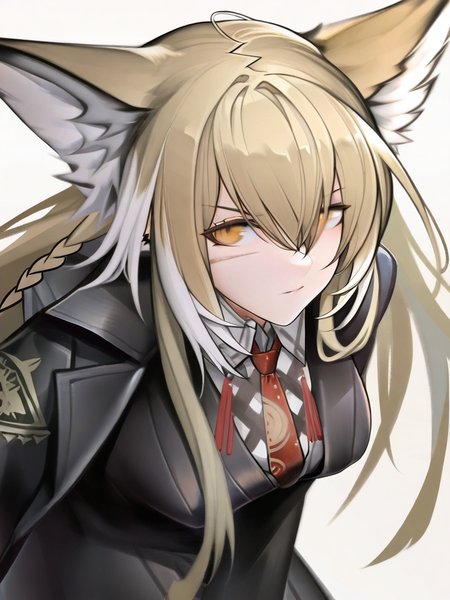 masterpiece, best quality, very aesthetic, highres, absurdres,(miurahha, bacius, ririko \(fhnngririko\):0.4), <lora:vulpisfoglia_v2:1>,vulpisfoglia (arknights), 1girl, solo, scar_on_face,black coat, collared shirt