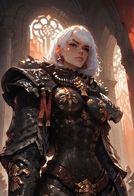 safe_pos, score_9, score_8_up, score_7_up, score_6_up, 
rating_explicit, cartoonish, Kaye_BP, 1 girl, solo, tall, muscular, beautiful, white hair, hair tubes, freckles, hazel eyes, large breasts, confident, disgusted smirk, looking down at viewer, adepta sororitas, wh40k, battle sisters, power armor, black armor, pauldron, aesthetic, s1_dram,
gothic cathedral interior, sunset, glass stain window behind her, backlit
perfect human hands, feminine hands
Sororitas, s0r0r1t@s, power armour, armor, shoulder armor, power armor,close up shot, from below